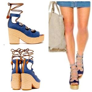 Tory Burch Blue and Tan Sandals